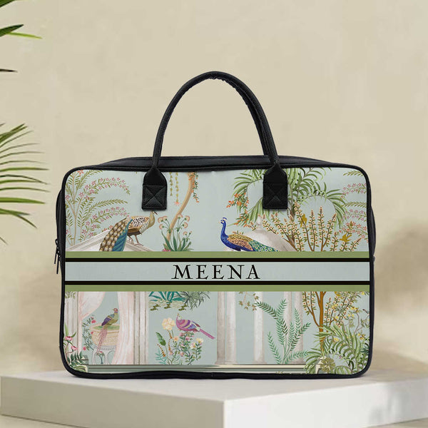 Customised Peacock Printed Canvas and PU Laptop Bag - Uncommongifts.in