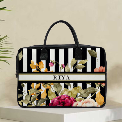 Customized Floral Printed Canvas and PU Laptop Bag - Uncommongifts.in