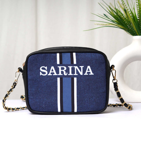Customized Navy Blue Striped Sling Bag