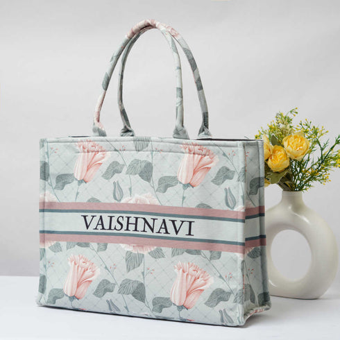 Green Flower Printed Customised Box Tote Bag - Uncommongifts.in