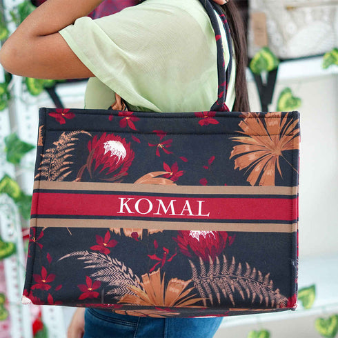 Red Flowers Printed Customised Box Tote Bag - Uncommongifts.in