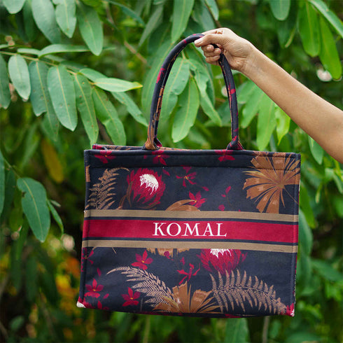 Red Flowers Printed Customised Box Tote Bag - Uncommongifts.in