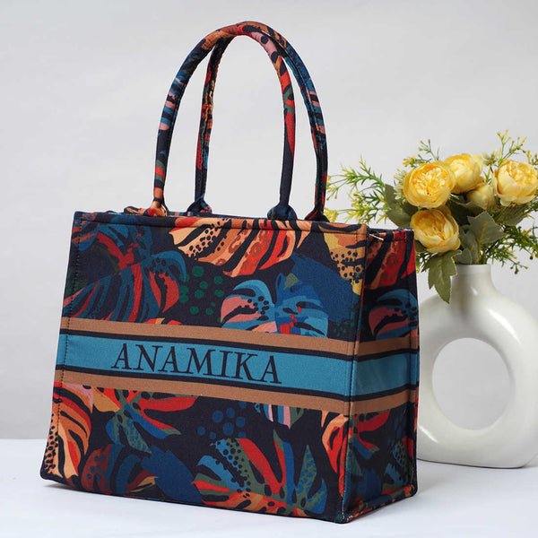 Customized Leaf Printed Blue Handheld Box Bag - Uncommongifts.in