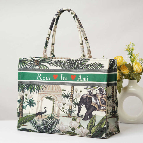 Bird & Elephant Jungle Printed Customised Box Tote Bag - Uncommongifts.in