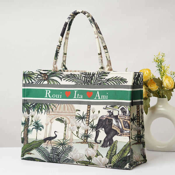 Bird & Elephant Jungle Printed Customised Box Tote Bag - Uncommongifts.in