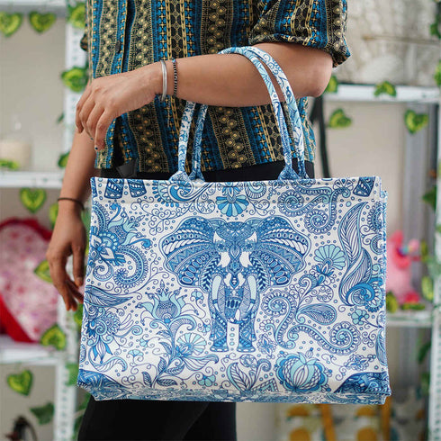 Blue Elephant Printed Customised Box Tote Bag - Uncommongifts.in