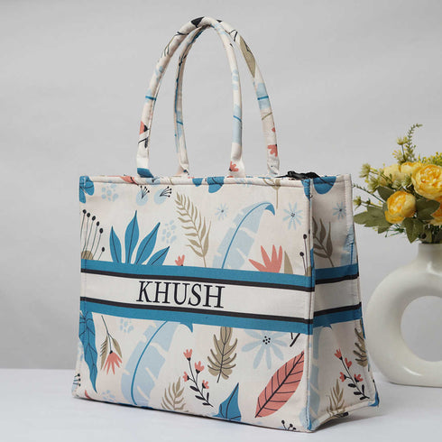 Customized Blue Leaf Printed Handheld Box Tote Bag - Uncommongifts.in