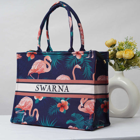 Customized Flamingo Printed Blue Handheld Box Bag - Uncommongifts.in