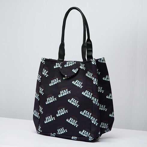 Black Printed Lunch Bag With Handle