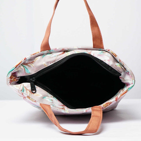Pink Floral Printed Canvas Lunch Bag With Handle