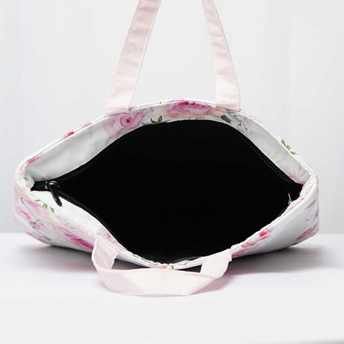 Pink Rose Printed Canvas Lunch Bag With Handle
