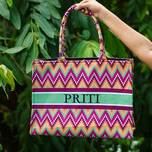 Purple Zigzag Printed Customised Box Tote Bag - Uncommongifts.in