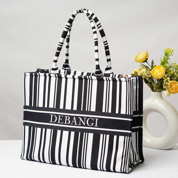 Black & White Stripes Printed Customised Box Tote Bag - Uncommongifts.in
