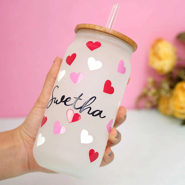 Personalized Heart Printed Glass Tumbler