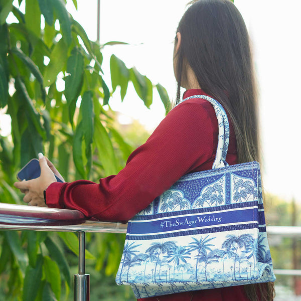 Blue Printed Customised Box Tote Bag - Uncommongifts.in