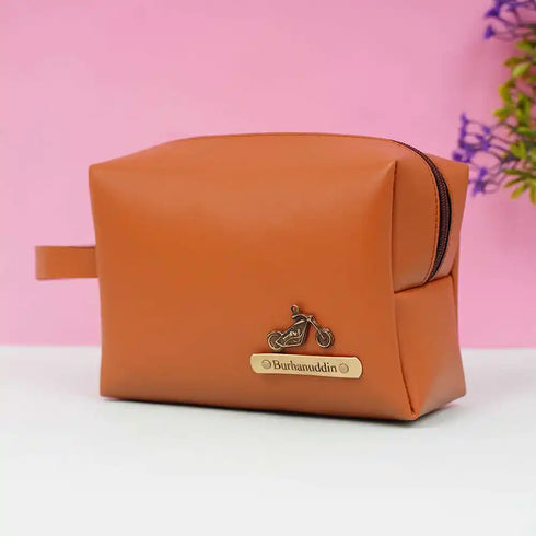 Personalized PU Box Pouch with Charm- Tan