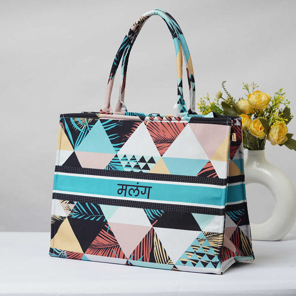 Multicolour Geometric Printed Customised Box Tote Bag - Uncommongifts.in