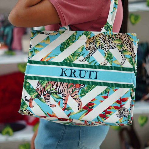 Multicolour Tiger Printed Customised Box Tote Bag - Uncommongifts.in