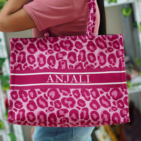 Pink Leopard Printed Customised Box Tote Bag - Uncommongifts.in