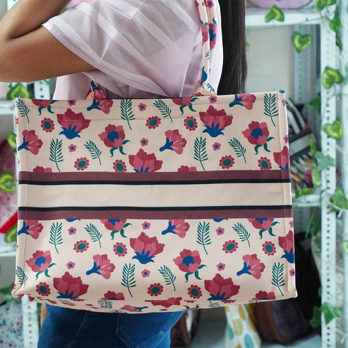 Pink Flower Printed Customised Box Tote Bag - Uncommongifts.in