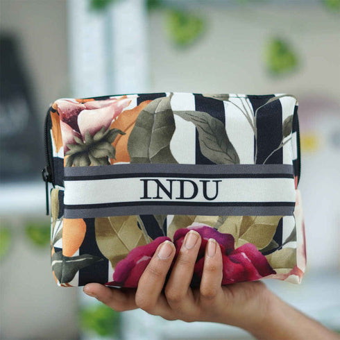 Personalised Black & White Stripe Floral Box Pouch - Uncommongifts.in