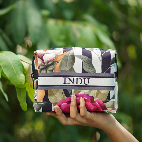 Personalised Black & White Stripe Floral Box Pouch - Uncommongifts.in