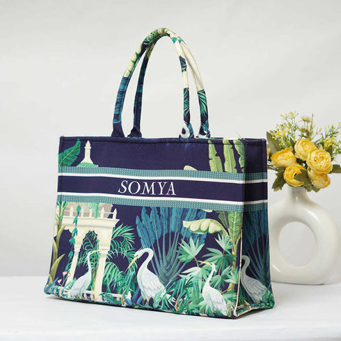 Navy Blue Bird Printed Box Tote Bag - Uncommongifts.in