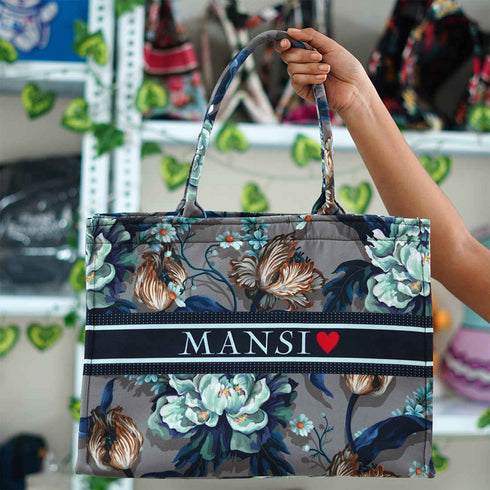 Grey Floral Printed Customised Box Tote Bag - Uncommongifts.in