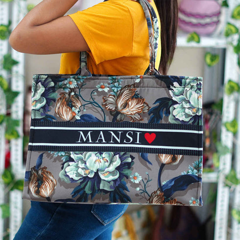 Grey Floral Printed Customised Box Tote Bag - Uncommongifts.in