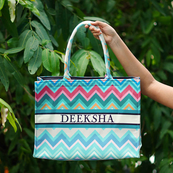 Zigzag Printed Customised Box Tote Bag - Uncommongifts.in