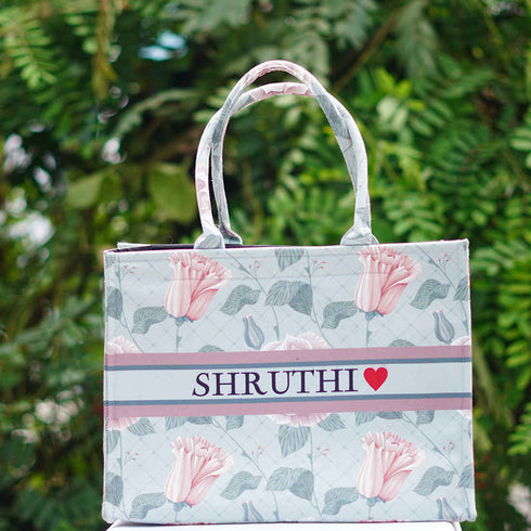 Green Flower Printed Customised Box Tote Bag - Uncommongifts.in