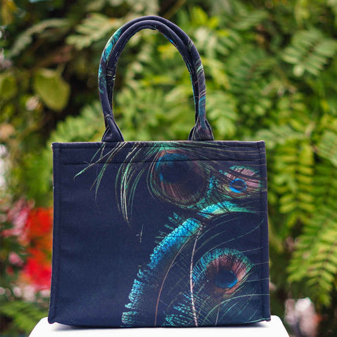 Peacock Feather Printed Customised Box Tote Bag - Uncommongifts.in