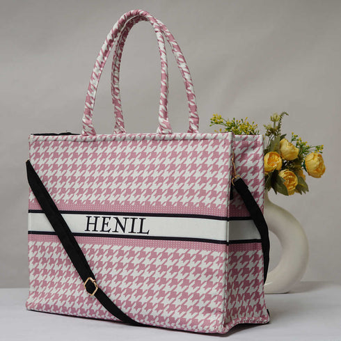 Baby Pink Geometric Printed Personalised Box Tote Bag - Uncommongifts.in