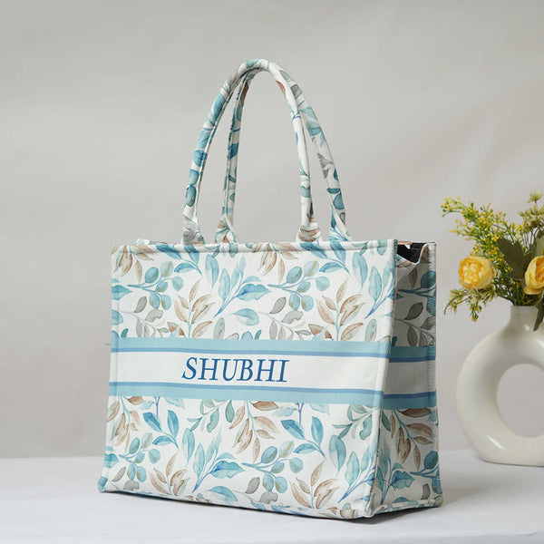 Leaves & Flower Printed Customised Box Tote Bag - Uncommongifts.in