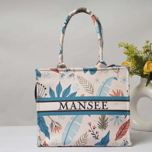 Customized Blue Leaf Printed Handheld Box Tote Bag - Uncommongifts.in