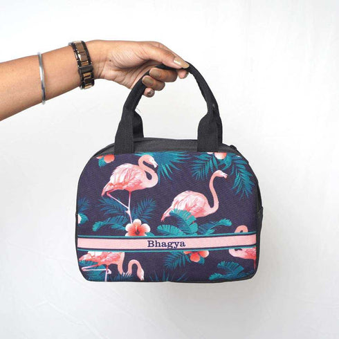 Personalised Flamingo Printed Kids Lunch Bag With Handle
