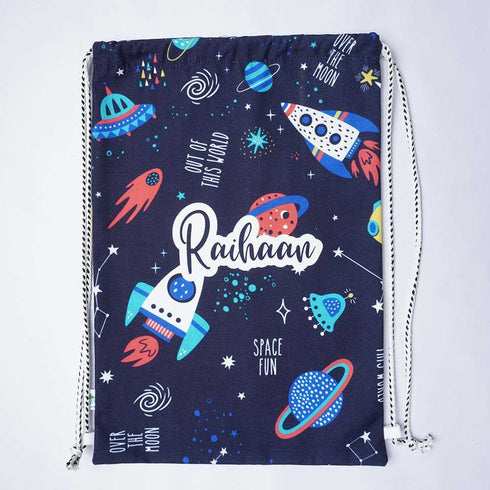 Personalised Black Printed Kids Drawstring Bag