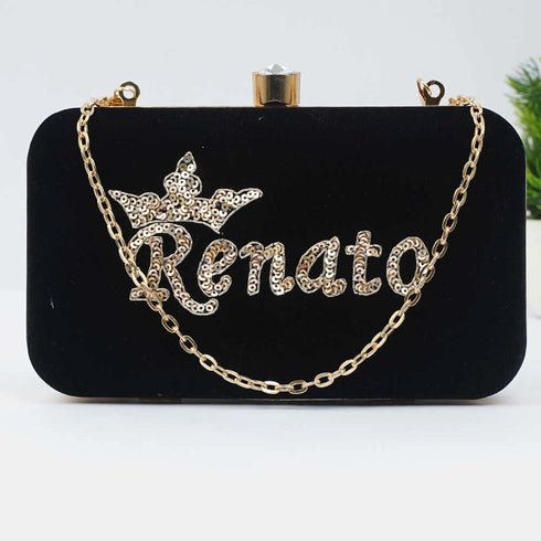 Black Embroidered Customized Clutch with Name