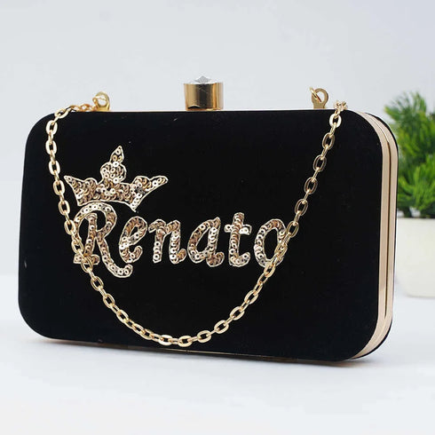 Black Embroidered Customized Clutch with Name