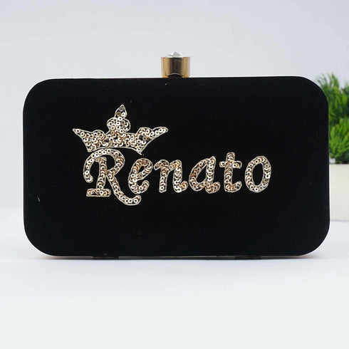 Black Embroidered Customized Clutch with Name
