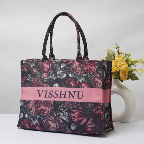 Pink Roses Stripes Printed Customised Box Tote Bag - Uncommongifts.in