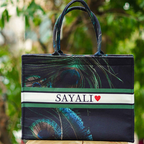 Peacock Feather Printed Customised Box Tote Bag - Uncommongifts.in