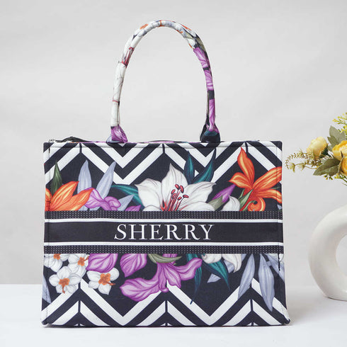 Zigzag Floral Printed Customised Box Tote Bag - Uncommongifts.in