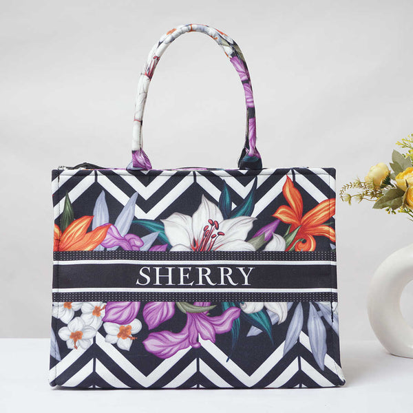 Zigzag Floral Printed Customised Box Tote Bag - Uncommongifts.in