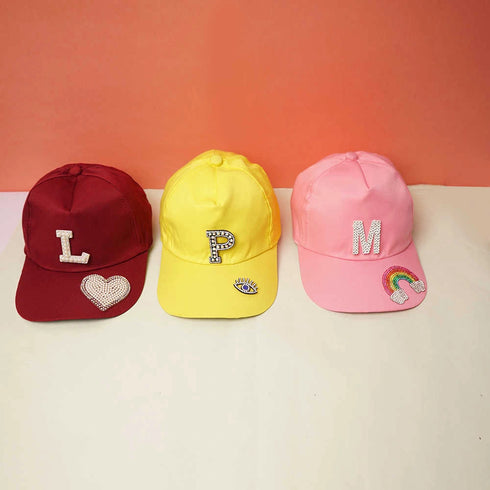 Personalised Kids Caps With Patch and Initial Letter - White