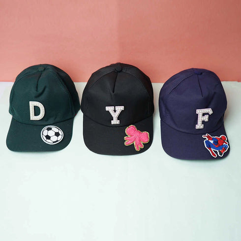 Personalised Kids Caps With Patch and Initial Letter - Black
