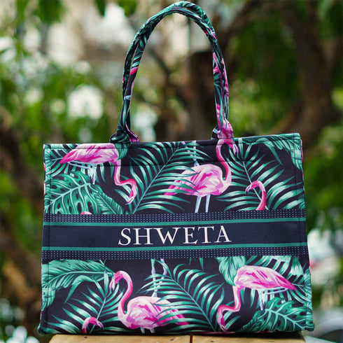 Pink Flamingo Printed Customised Box Tote Bag - Uncommongifts.in