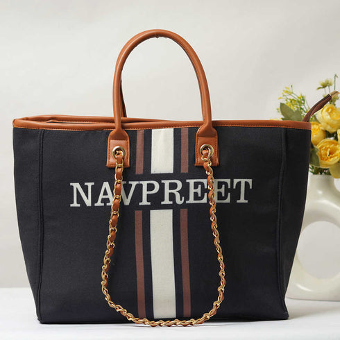 Black and White Strap Luna Personalised Handbag - Uncommongifts.in