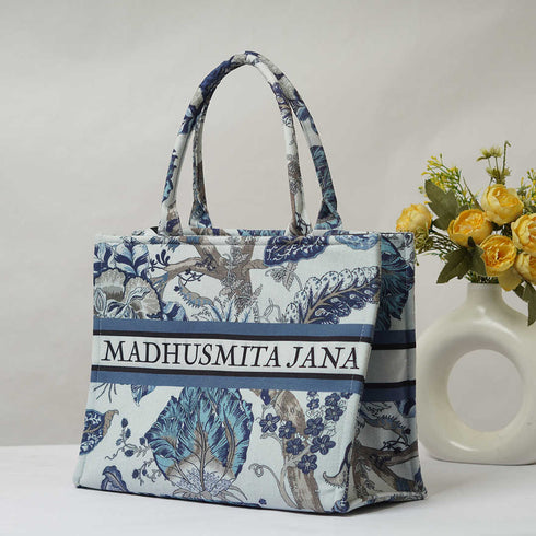 Blue Floral Printed Box Tote Bag - Uncommongifts.in