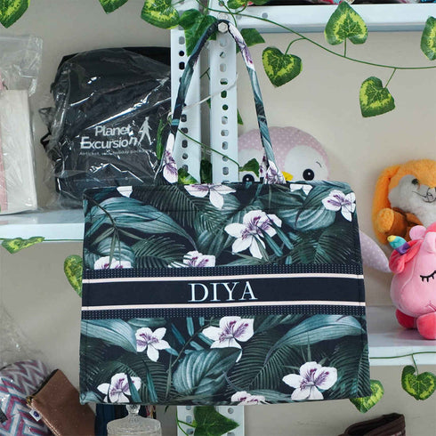 Green Floral Customised Box Tote Bag - Uncommongifts.in